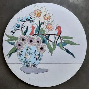 floral bird circle art thick oil paint chinoisery vase