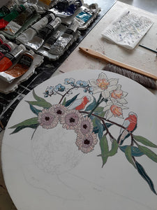 commission process oil painting floral birds artist thick paint